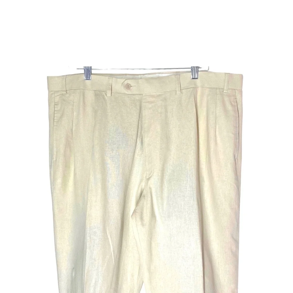 Harold Powell Mens 33x28 Beige 100% Linen Herringbone Pleated Cuffed Pants Italy